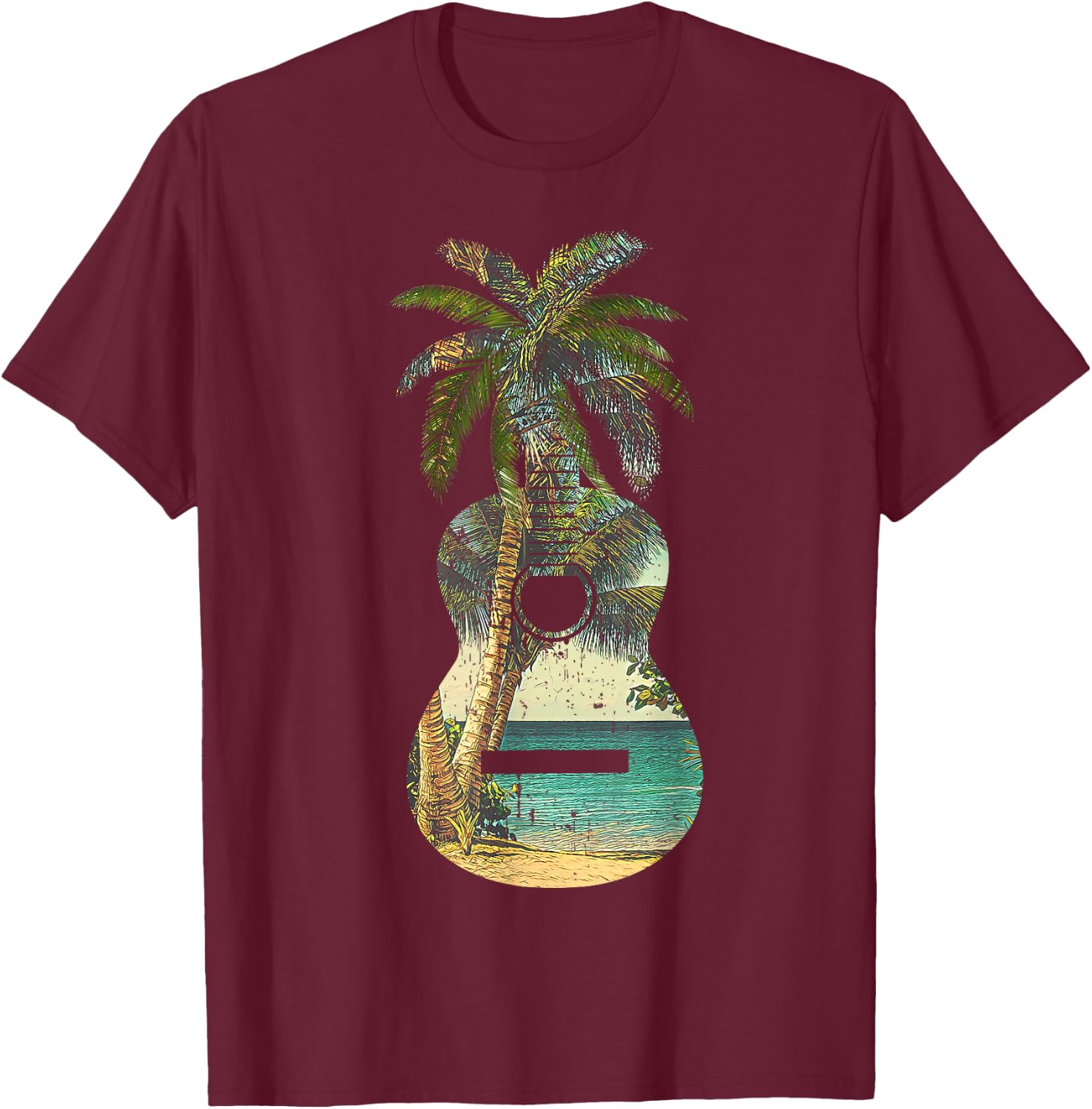 Guitar Lover Beach Palm Trees Vacation Acoustic Music Band T-Shirt - T-Shirt | Maroon