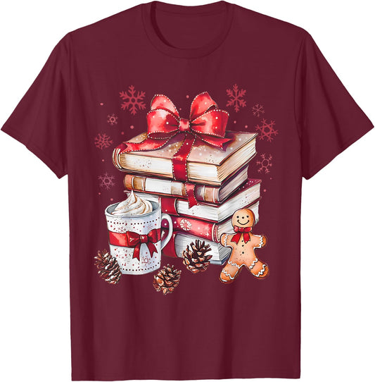 Girly Coquette Gingerbread Books and Hot Cocoa Cozy Season T-Shirt - T-Shirt | Maroon
