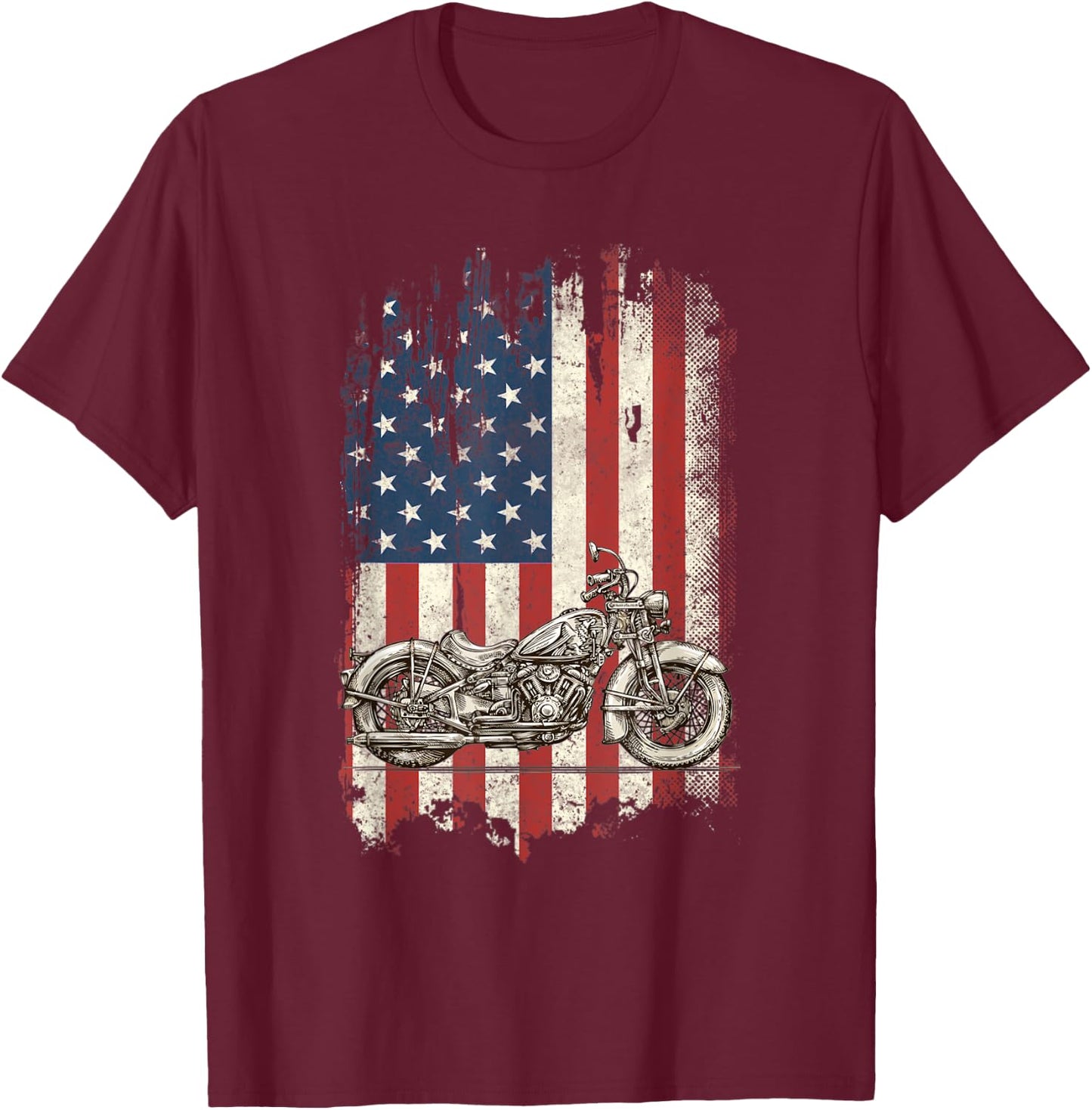 Motorcycle American Flag Distressed Vintage Biker Patriotic Women Kids Men T-Shirt - T-Shirt | Maroon