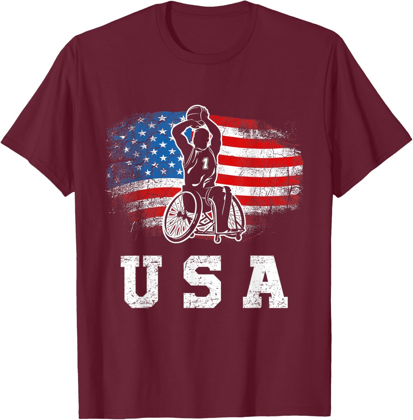 Wheelchair Basketball,Disability Sports Handicap Usa Flag T-Shirt - T-Shirt | Maroon