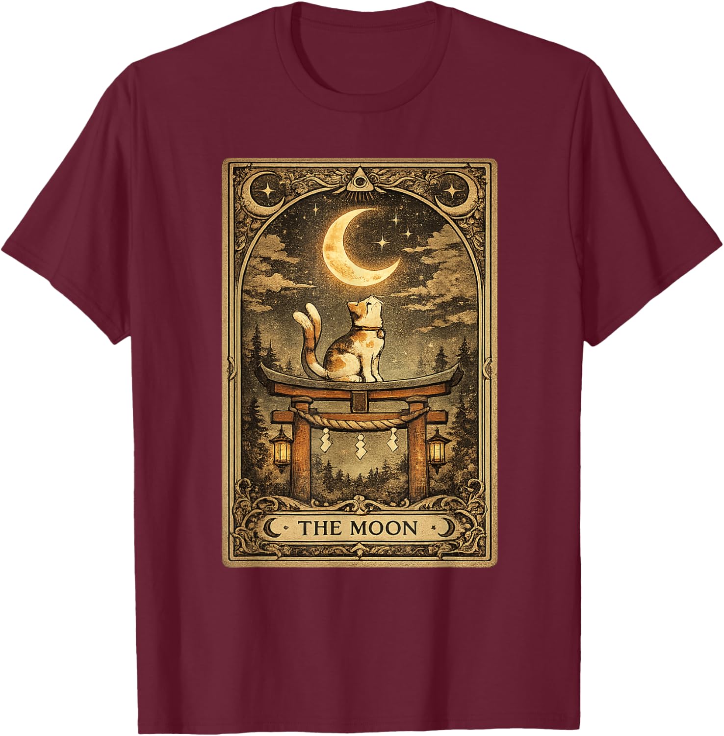The Moon Tarot Card Nekomata Cat Yokai Japanese Occult Art T-Shirt - T-Shirt | Maroon
