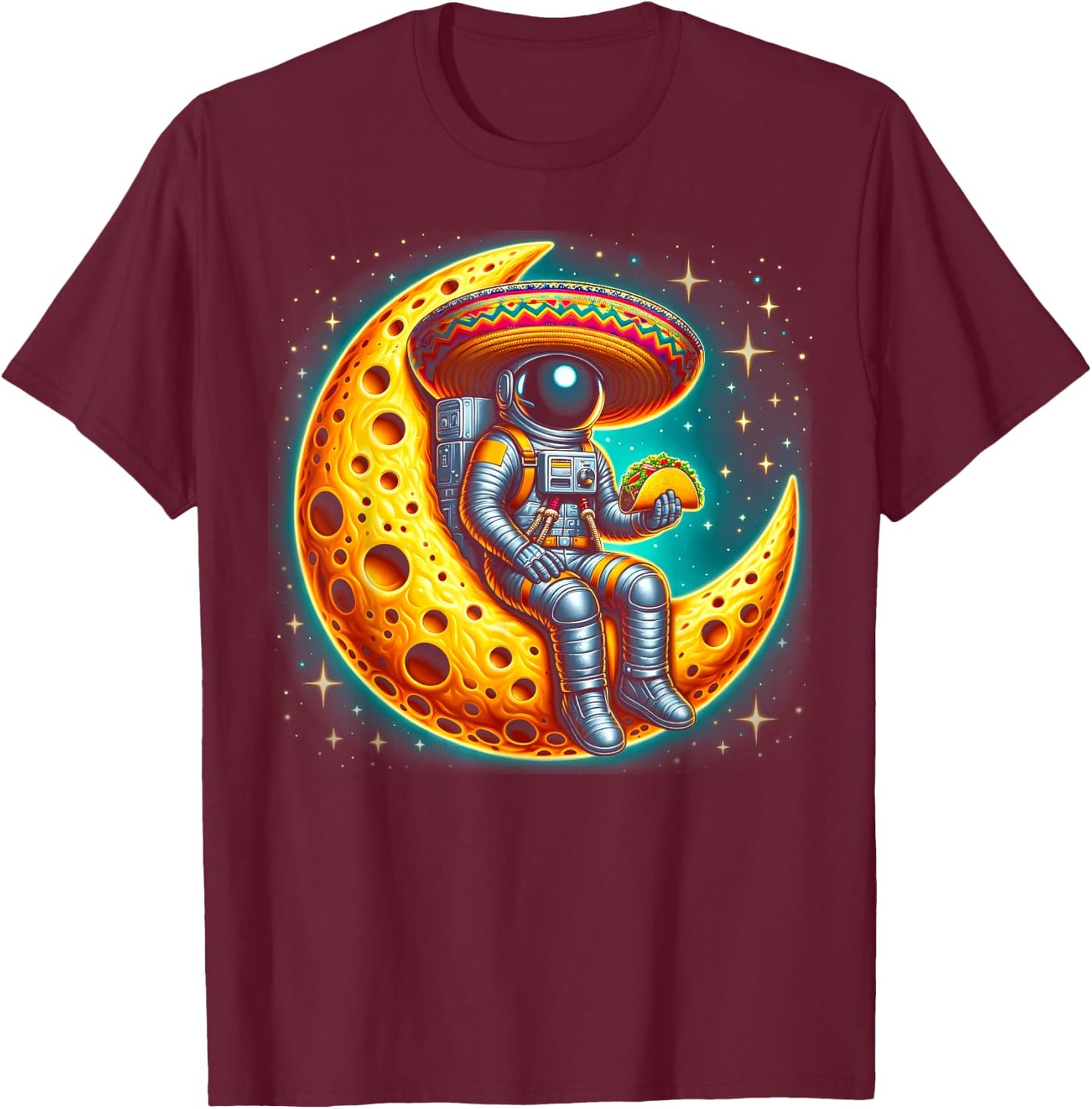 Cinco De Mayo Astronaut Space Mexico Sombrero Taco Moon T-Shirt - T-Shirt | Maroon