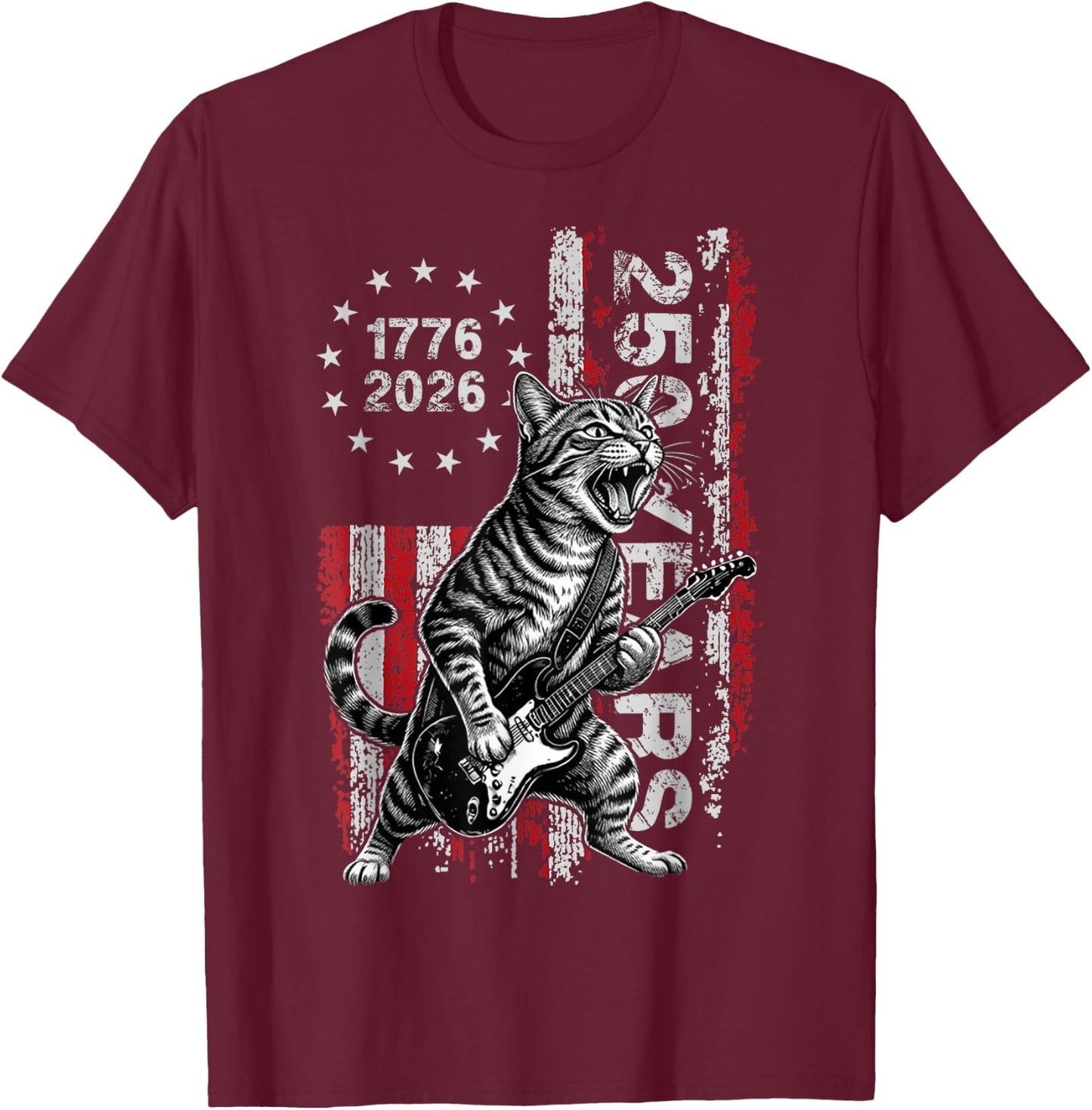 250 Years US Flag Cat Playing Guitar - Funny Patriotic Cat T-Shirt - T-Shirt | Maroon