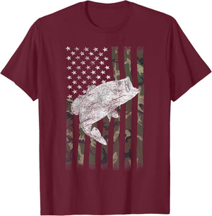Bass Fishing US American Flag Large Mouth Camo Kids Men T-Shirt - T-Shirt | Maroon