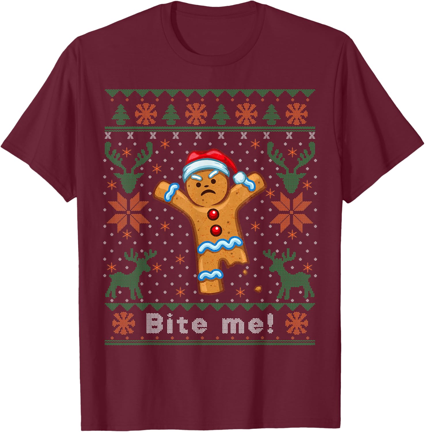 Bite Me Gingerbread Man - Funny Ugly Christmas Sweater T-Shirt - T-Shirt | Maroon