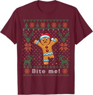 Bite Me Gingerbread Man - Funny Ugly Christmas Sweater T-Shirt - T-Shirt | Maroon