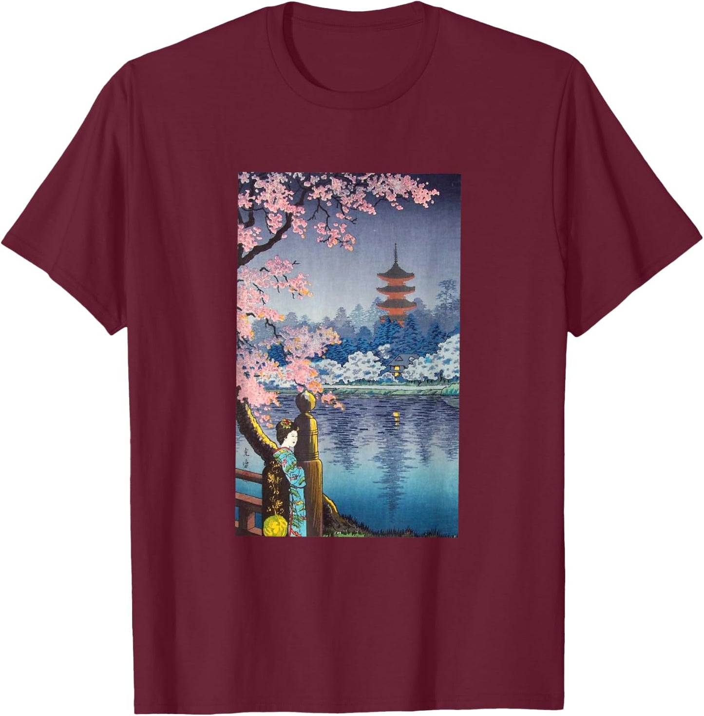 Vintage Woodblock Japanese Art T-Shirt - T-Shirt | Maroon