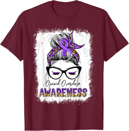 Leopard Messy Bun Opioid Overdose Awareness Purple Ribbon T-Shirt - T-Shirt | Maroon