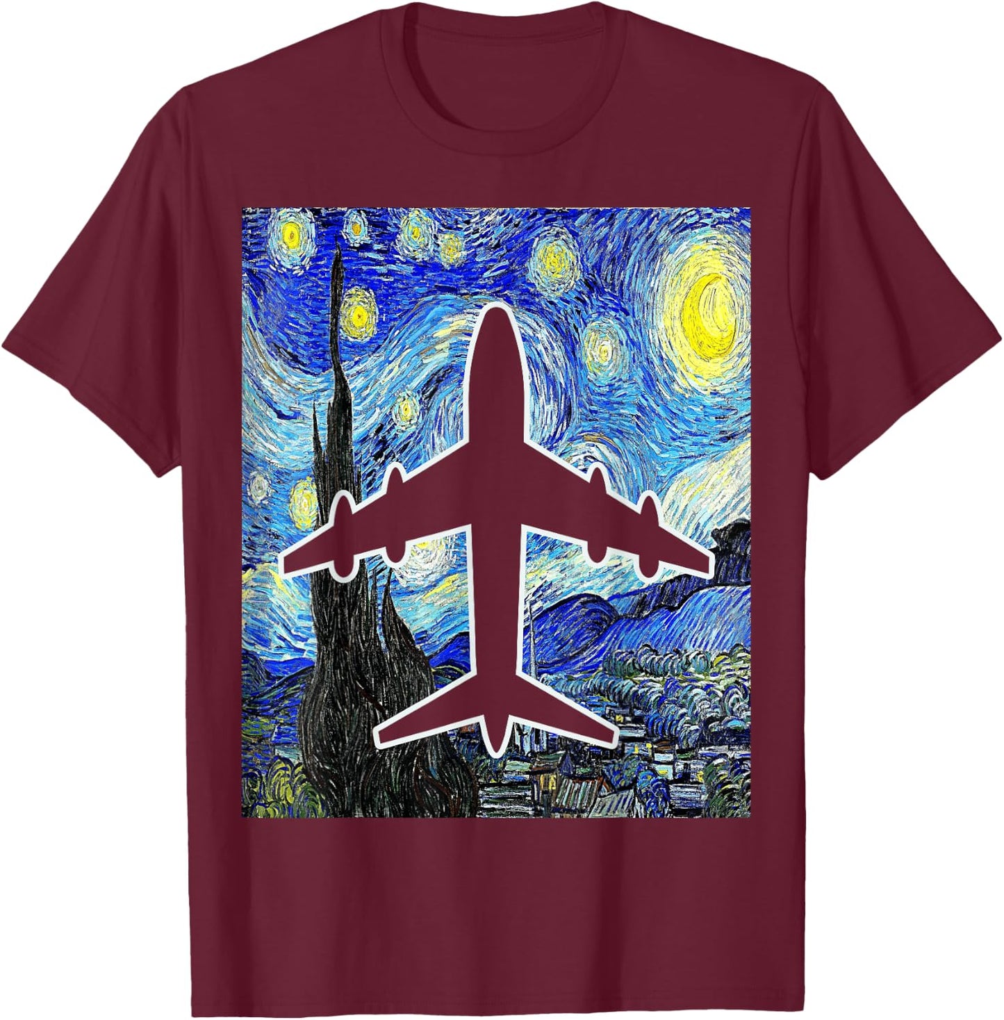 Airplane Starry Night Aviation Airplane Pilot Painting T-Shirt - T-Shirt | Maroon