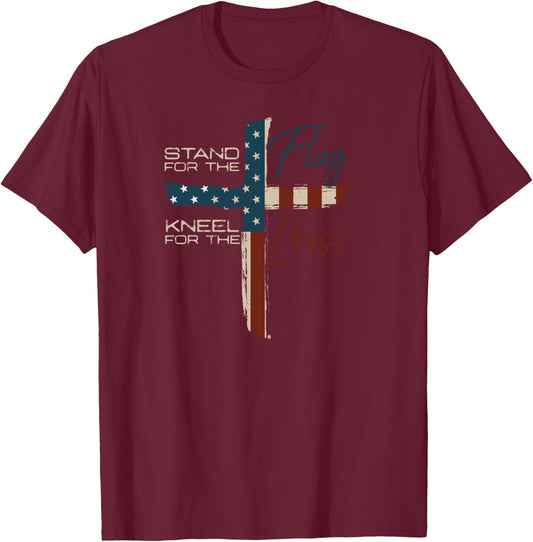 Stand the Flag and Cross Faith American Christian T-Shirt - T-Shirt | Maroon