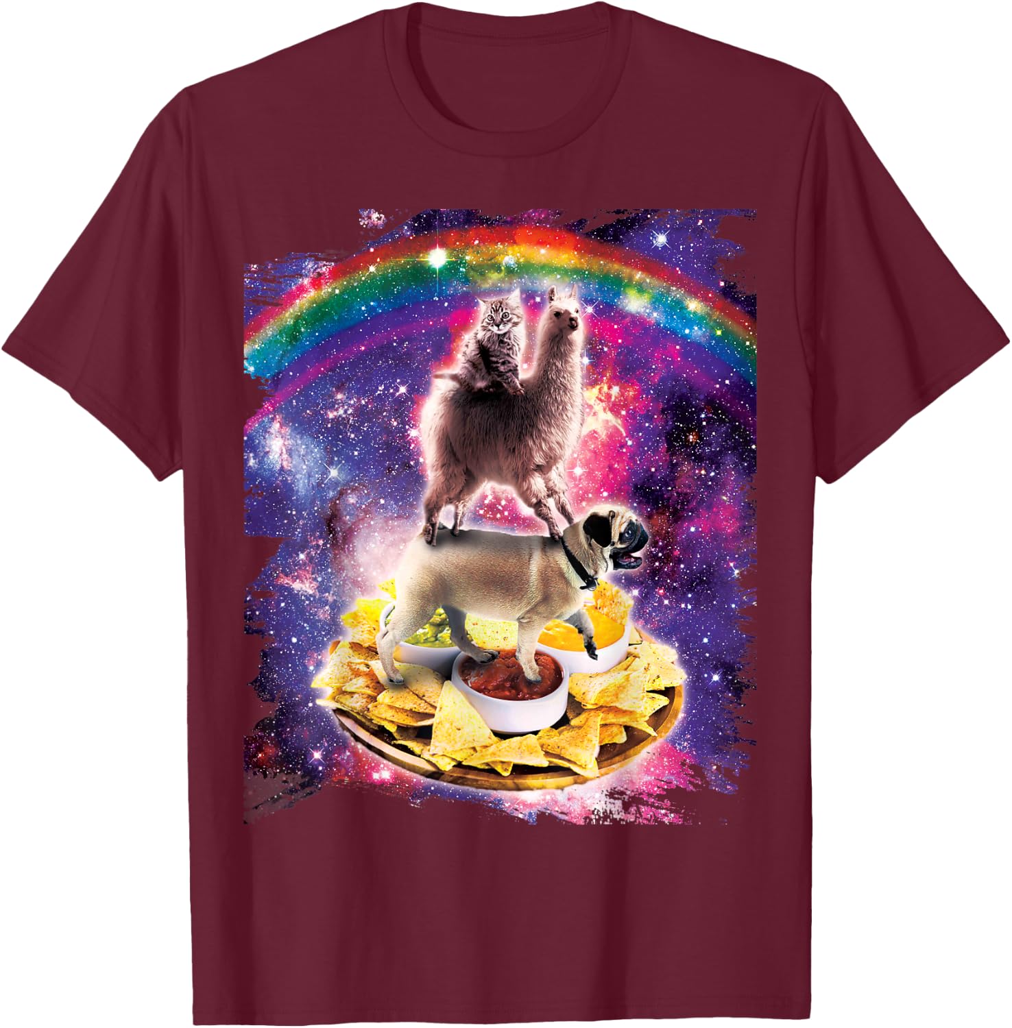 Space Cat Llama Pug Riding Nachos Men Women Kids T-Shirt - T-Shirt | Maroon