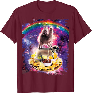 Space Cat Llama Pug Riding Nachos Men Women Kids T-Shirt - T-Shirt | Maroon