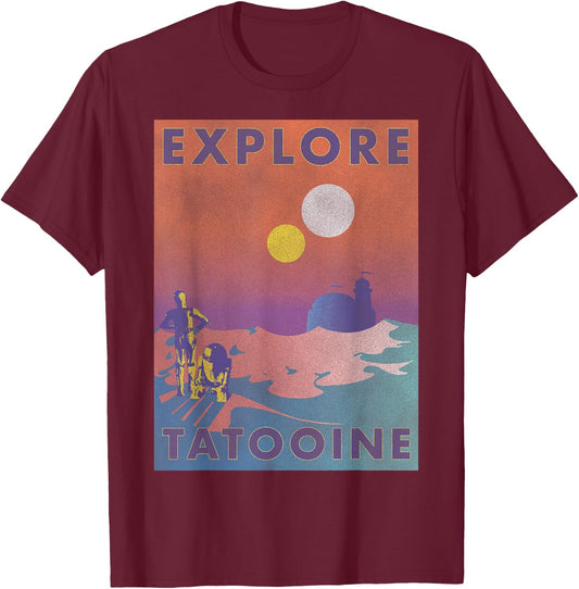 Star Wars Explore Tatooine Faded Retro C-3PO & R2-D2 Poster T-Shirt - T-Shirt | Maroon