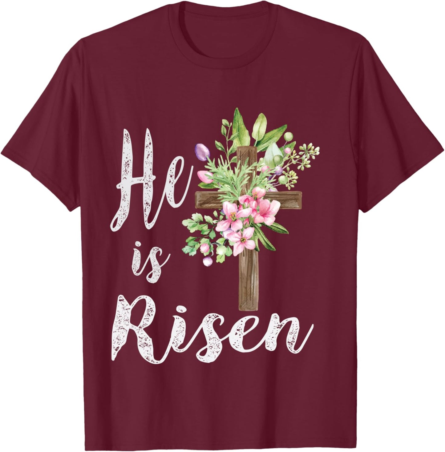 He is Risen Floral Cross Vintage Happy Easter T-Shirt - T-Shirt | Maroon