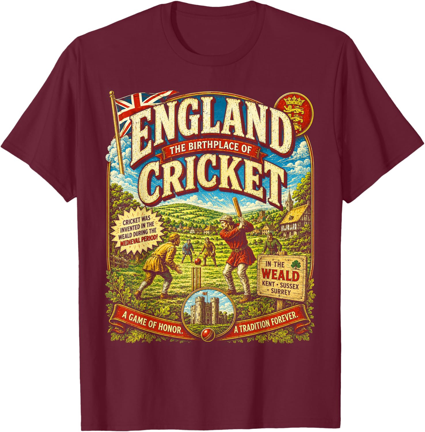 England Cricket Vintage | Birthplace of Cricket Retro T-Shirt - T-Shirt | Maroon