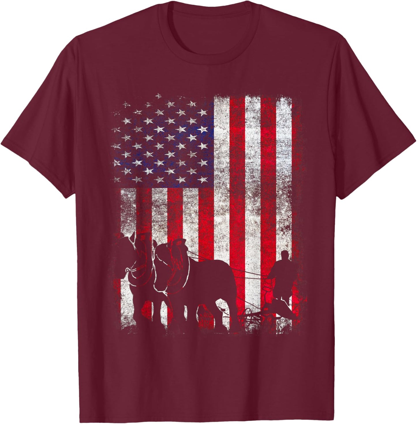 Draft Horse Patriotic American Flag Vintage Farmer Women Kids Men T-Shirt - T-Shirt | Maroon