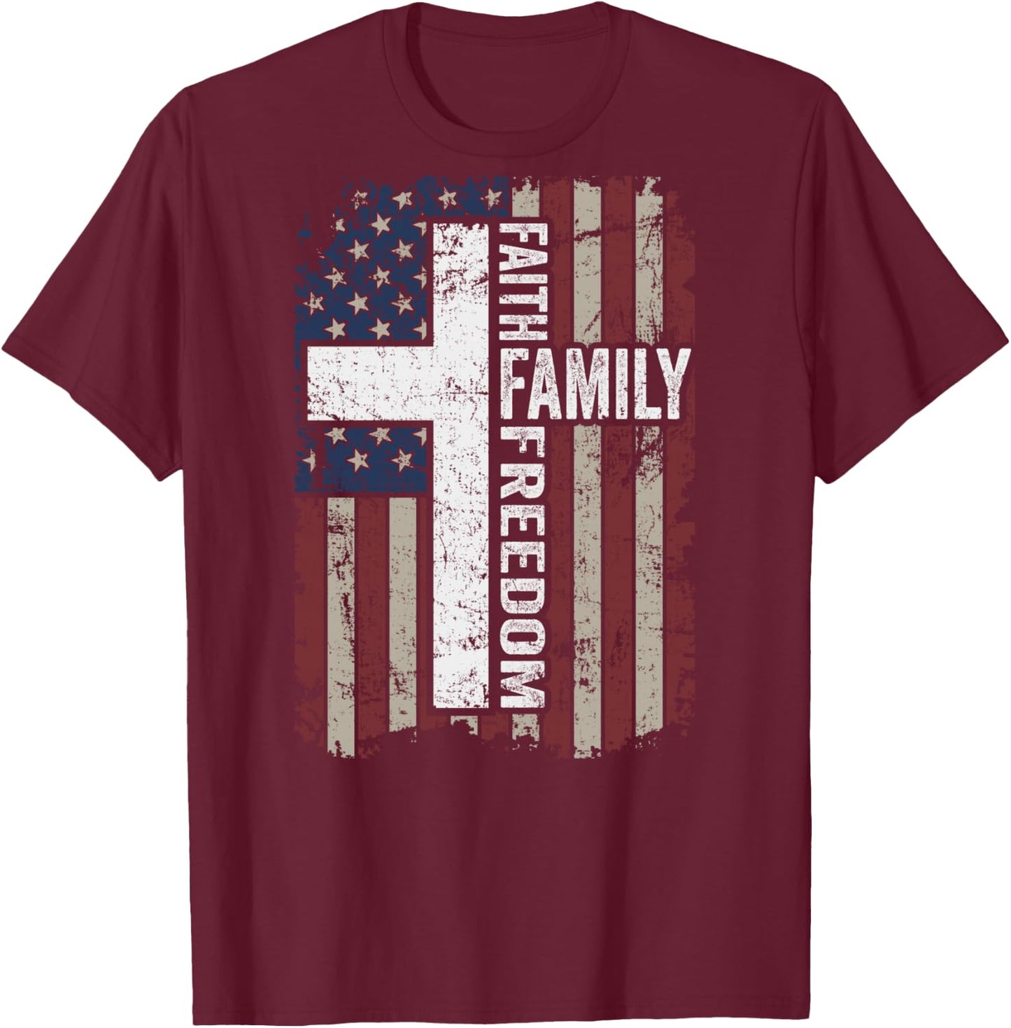 Faith Family Freedom - Christian Vintage USA Flag - ON BACK T-Shirt - T-Shirt | Maroon
