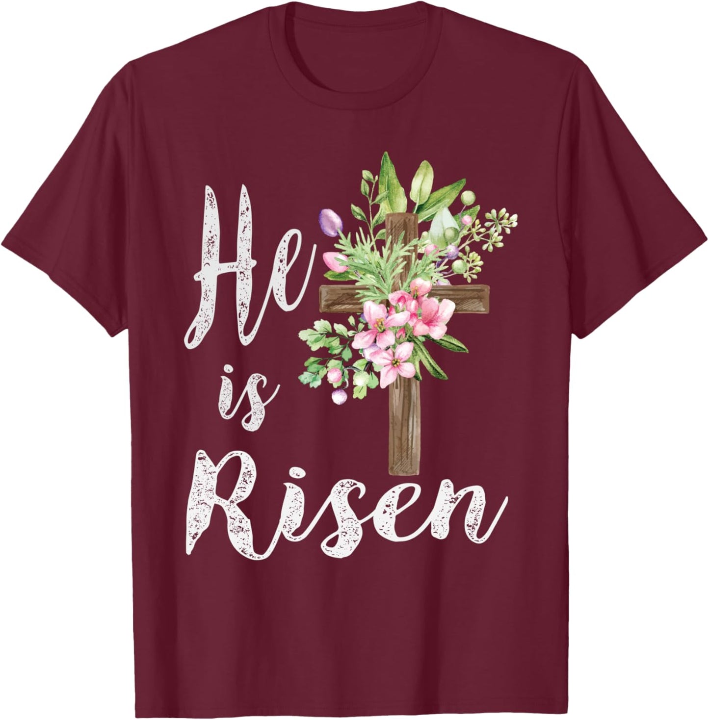 He is Risen Floral Cross Vintage Happy Easter T-Shirt - T-Shirt | Maroon