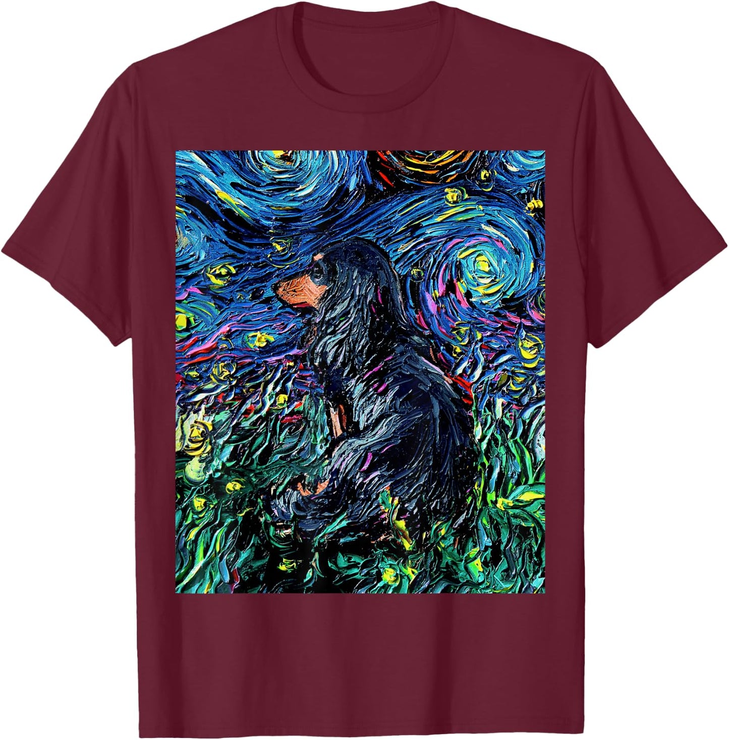 Black Long Hair Dachshund Starry Night Doxie Dog Artwork T-Shirt - T-Shirt | Maroon
