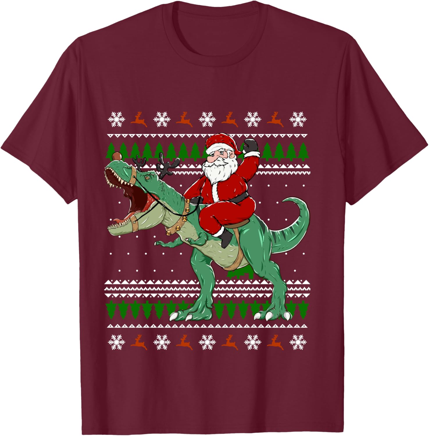 Santa Riding Dino | Funny Christmas Ugly Sweater T-Shirt - T-Shirt | Maroon