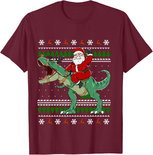 Santa Riding Dino | Funny Christmas Ugly Sweater T-Shirt - T-Shirt | Maroon