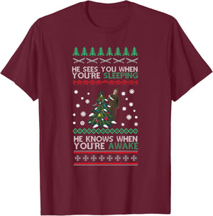 He Sees You When You're Sleeping Horror Christmas Ugly T-Shirt - T-Shirt | Maroon
