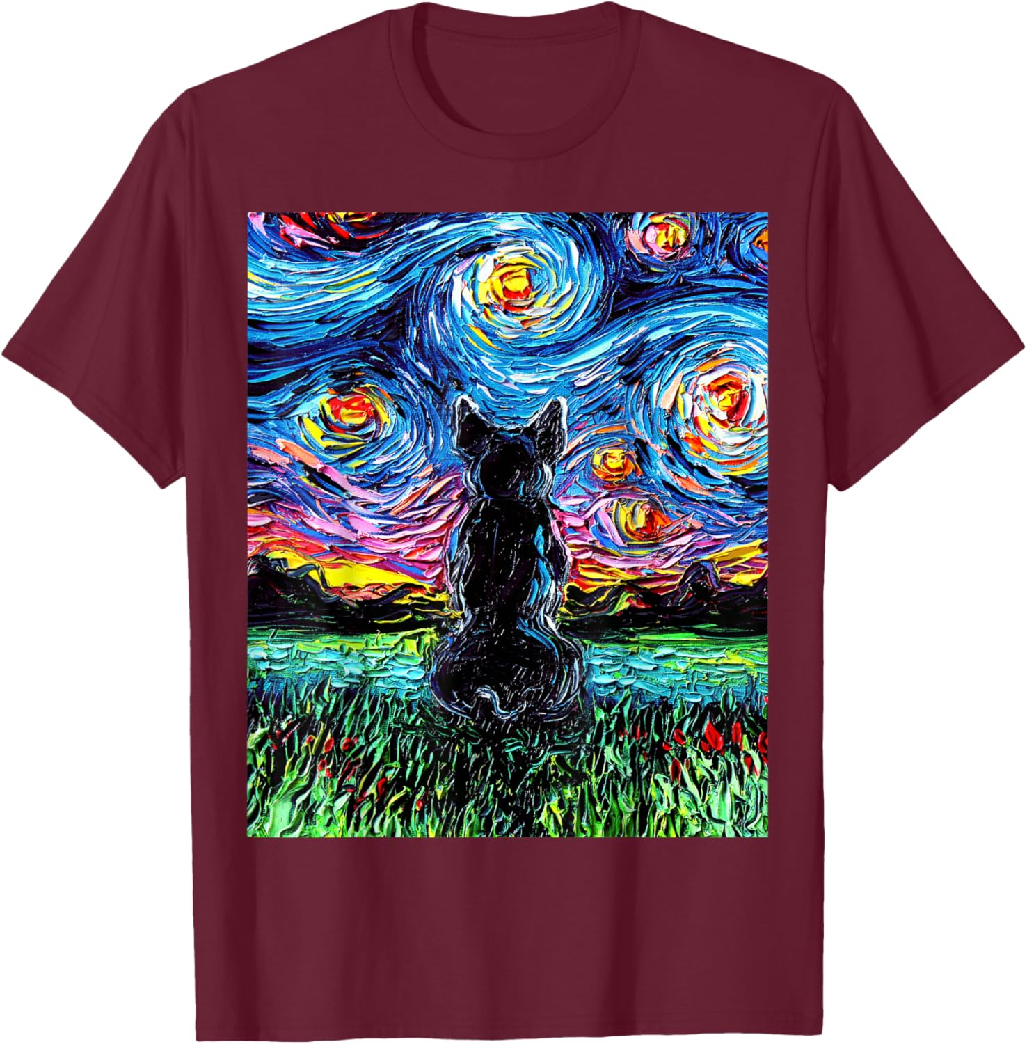 French Bulldog Starry Night Frenchie Dog Back Art by Aja T-Shirt - T-Shirt | Maroon