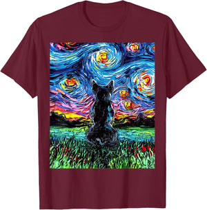 French Bulldog Starry Night Frenchie Dog Back Art by Aja T-Shirt - T-Shirt | Maroon