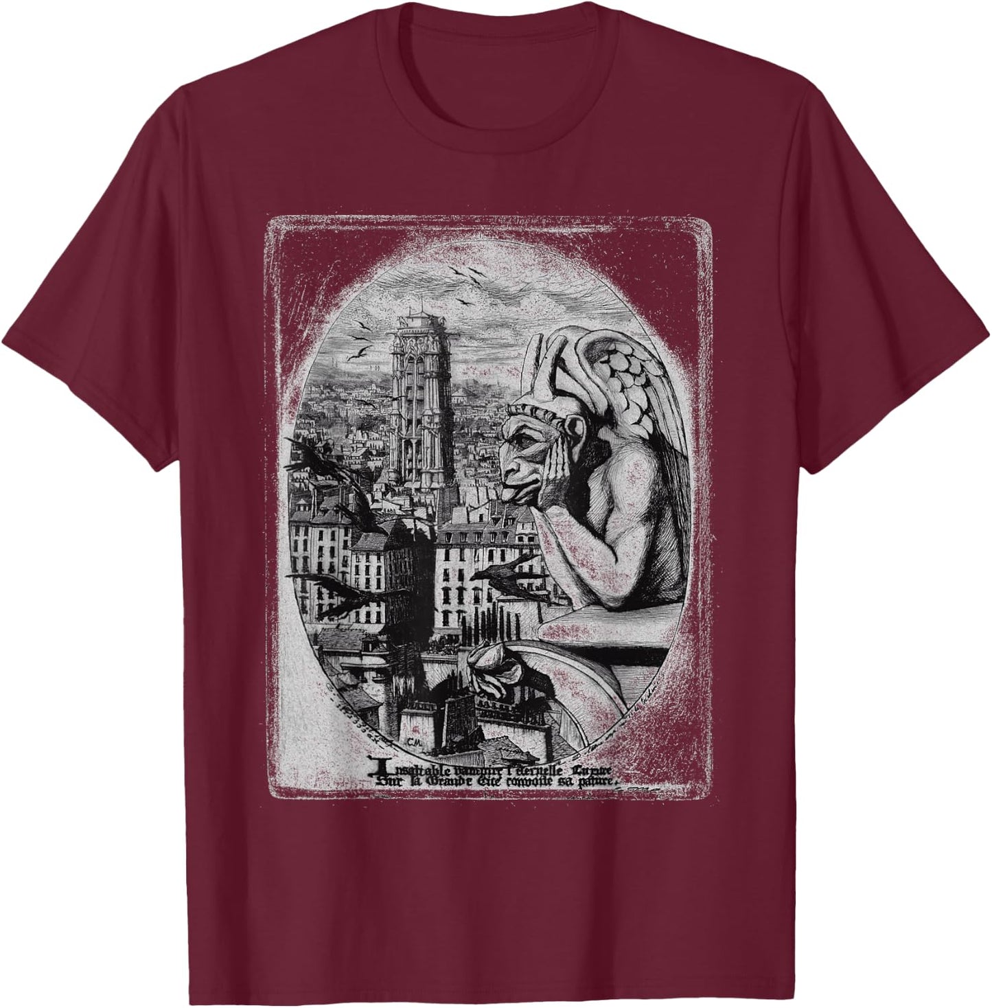 Notre Dame Paris Souvenir Paris France Gift Gargoyle Statue T-Shirt - T-Shirt | Maroon