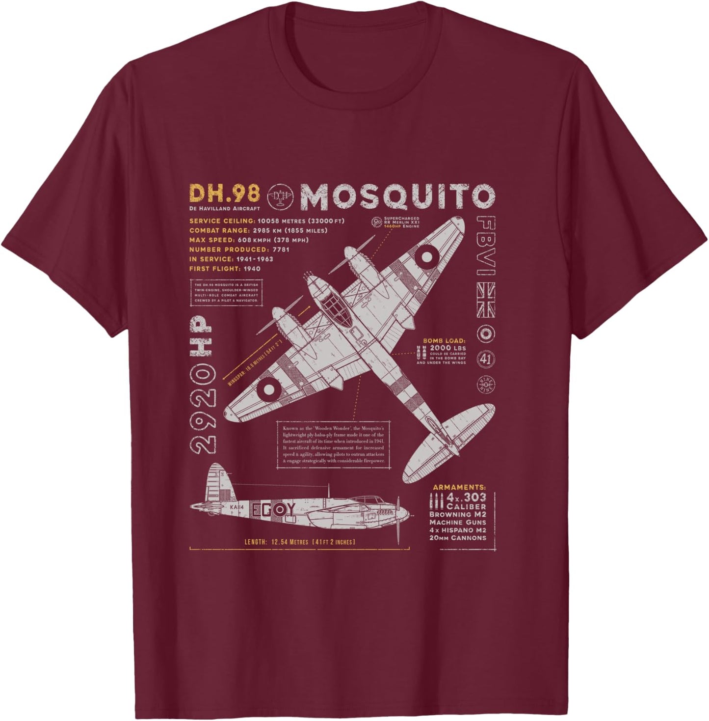 de Havilland Mosquito Fighter Bomber | British WW2 RAF DH.98 T-Shirt - T-Shirt | Maroon