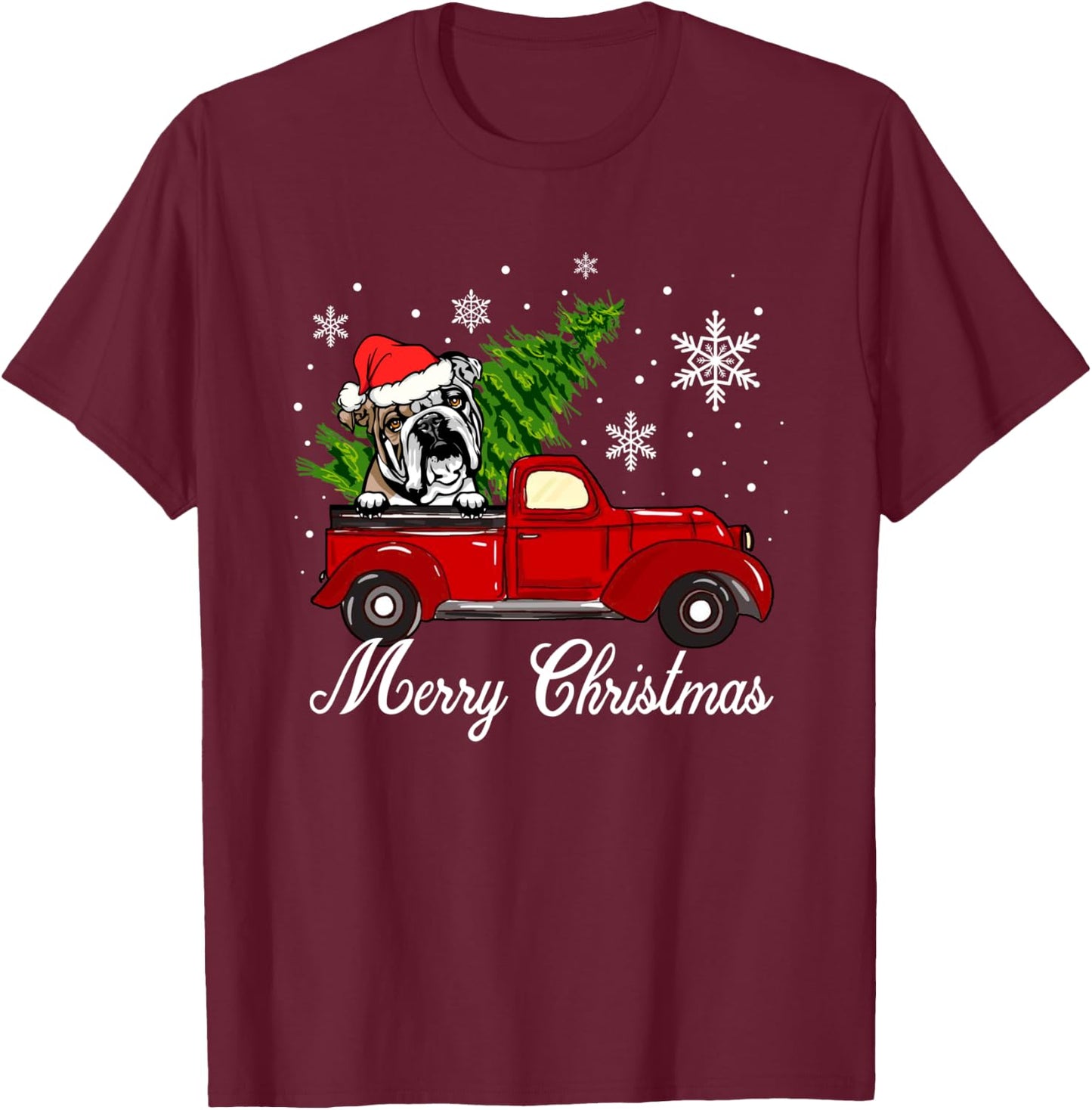English Bulldog Dog Riding Red Truck Christmas Decorations T-Shirt - T-Shirt | Maroon