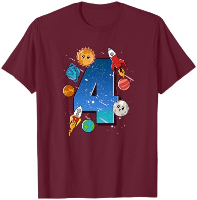 Boys 4th Birthday Party Outfit 4 Years Old Space Planets T-Shirt - T-Shirt | Maroon
