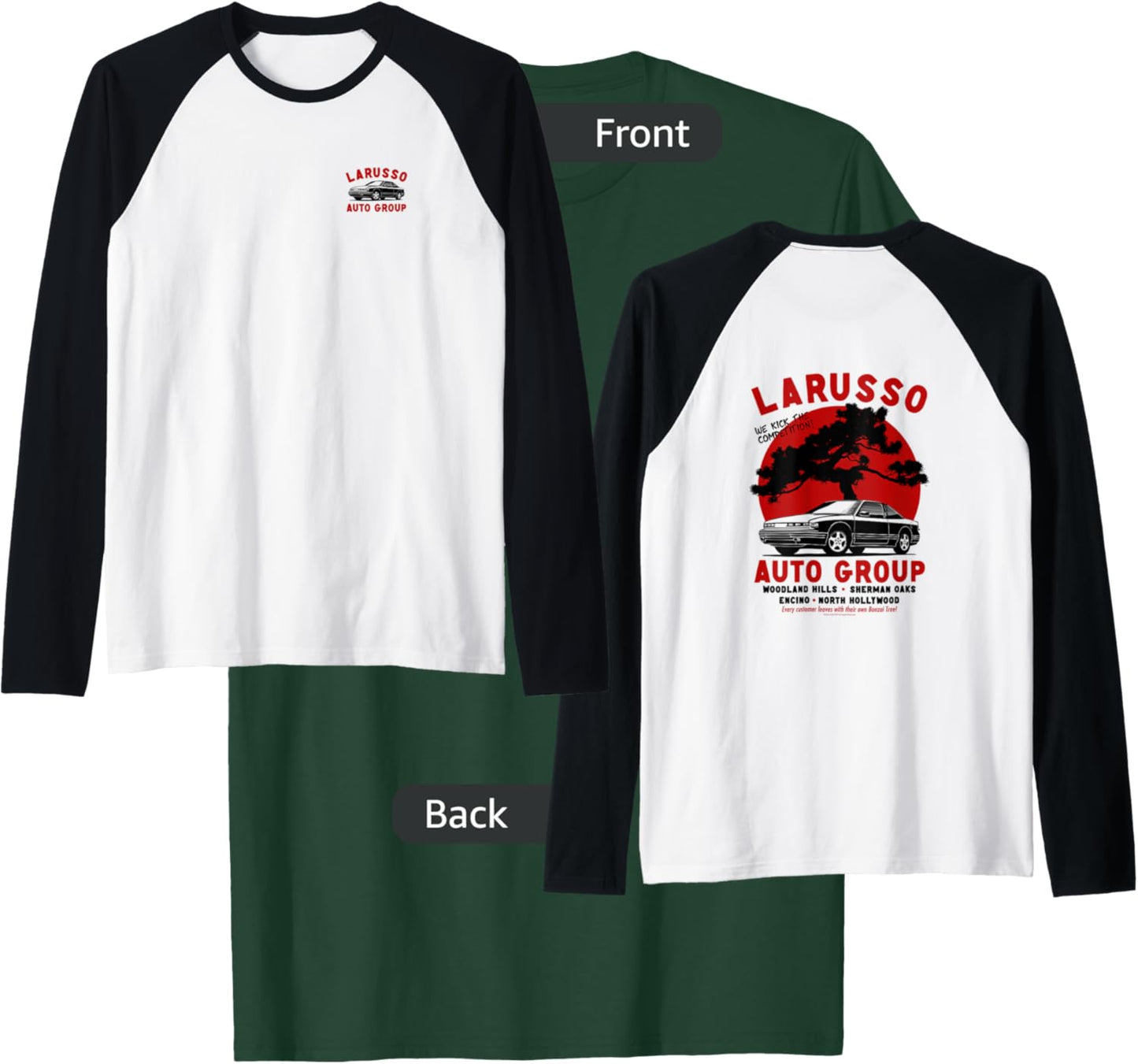 Cobra Kai Retro LaRusso Auto Group Ad Front and Back Raglan Baseball T-Shirt - T-Shirt | Forest