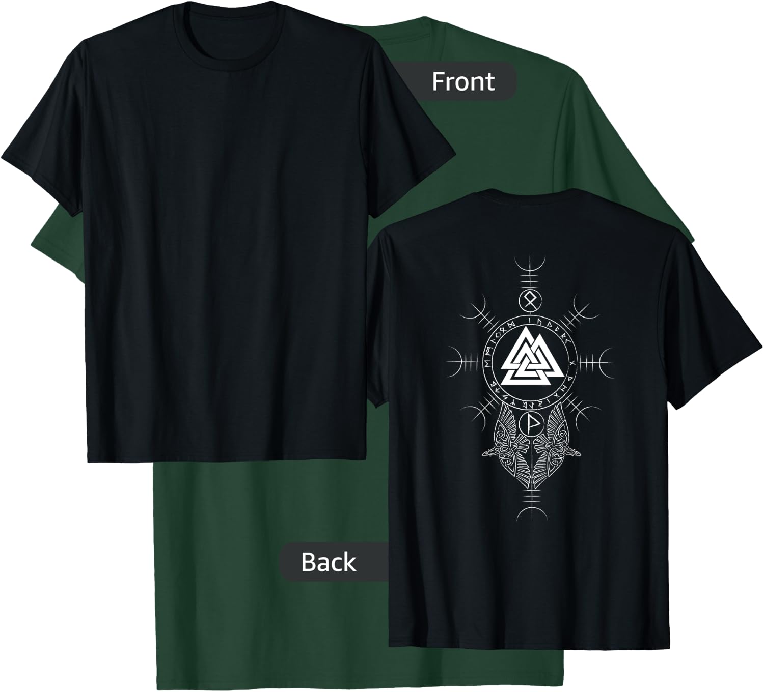 Classic Viking Symbols - Valknut - Aegishjalmur (on back) T-Shirt - T-Shirt | Forest