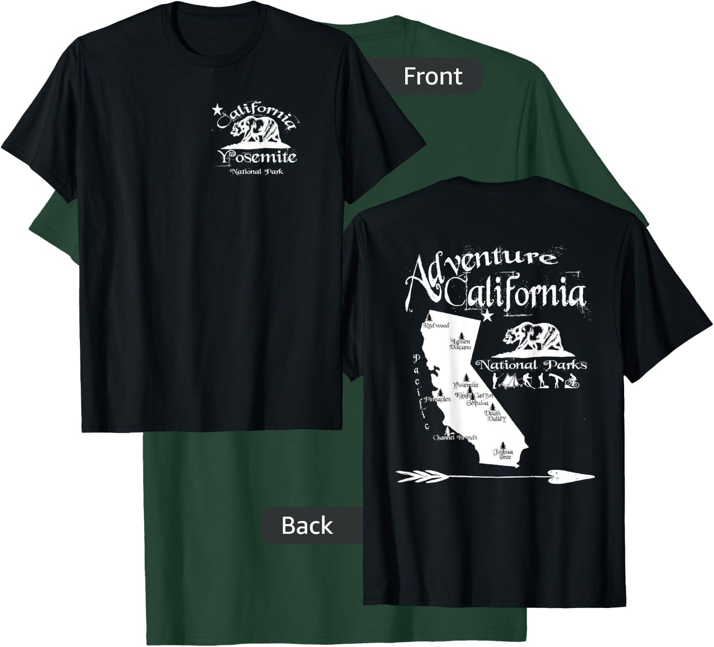 Yosemite California National Parks Map Front & Back Souvenir T-Shirt - T-Shirt | Forest