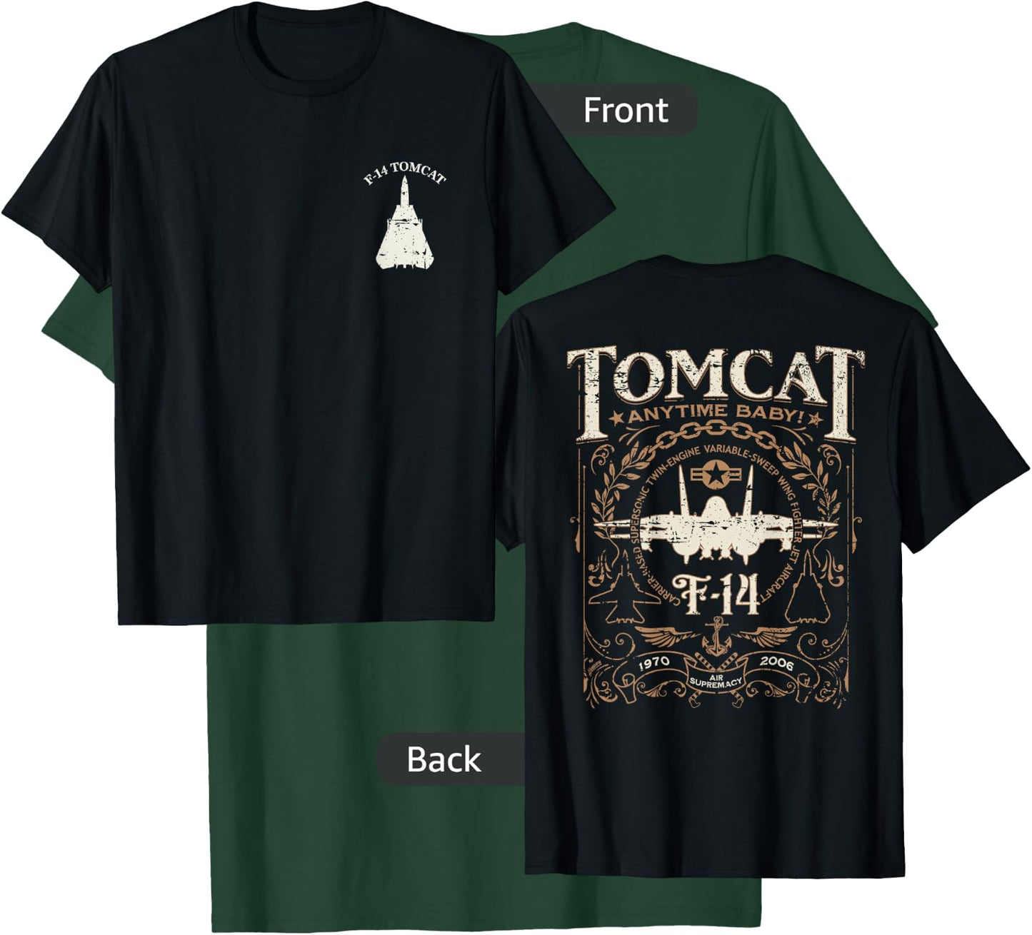 Distressed F-14 Tomcat Military Fighter Jet Front and Back T-Shirt - T-Shirt | Forest