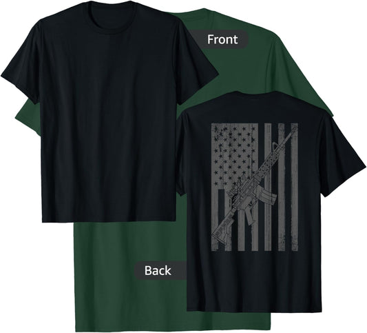 American Patriotic Rifle Gun Flag (ON BACK) 4th of July Gun T-Shirt - T-Shirt | Forest
