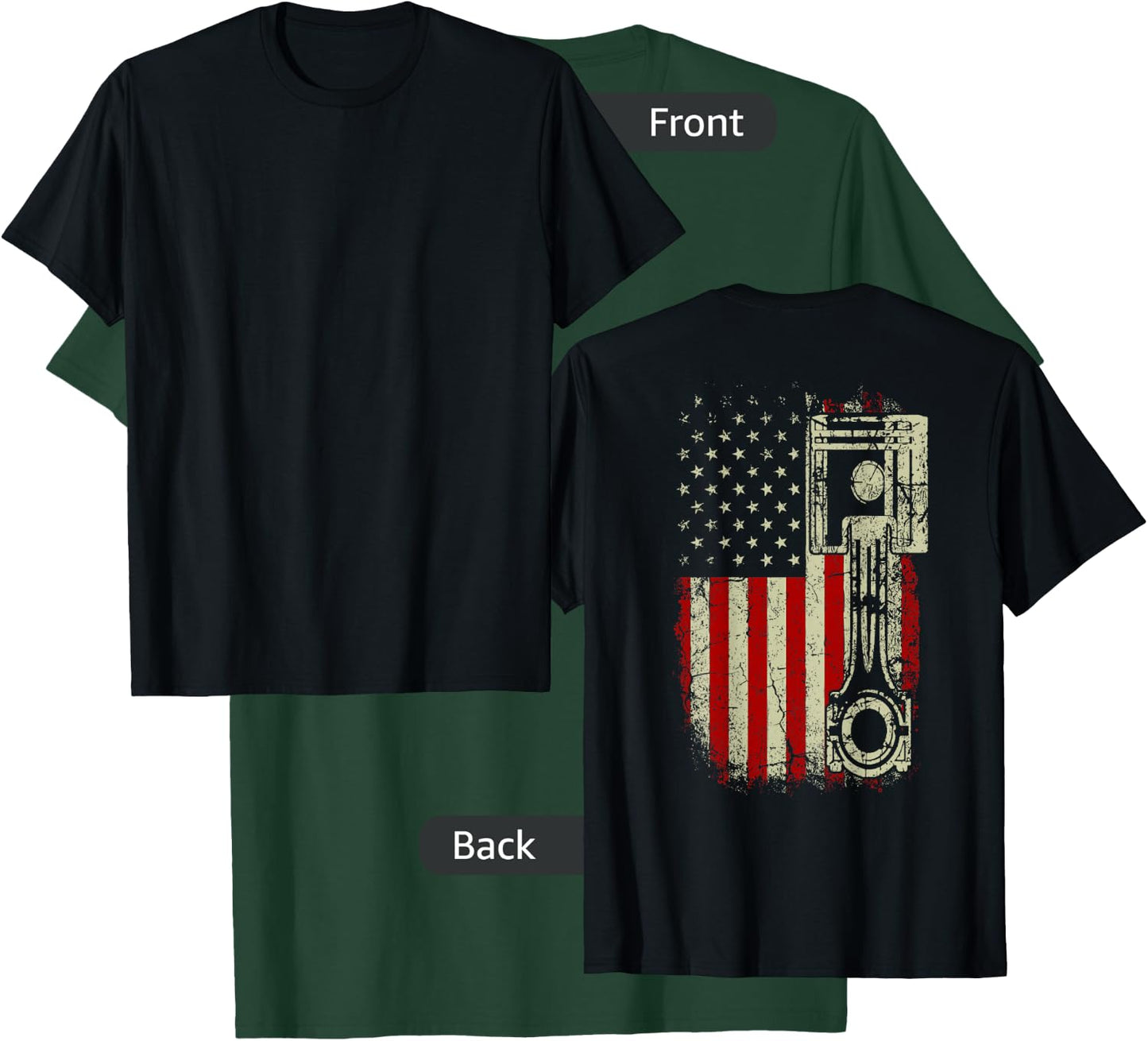American Flag Piston Muscle Car Patriotic Vintage on Back T-Shirt - T-Shirt | Forest
