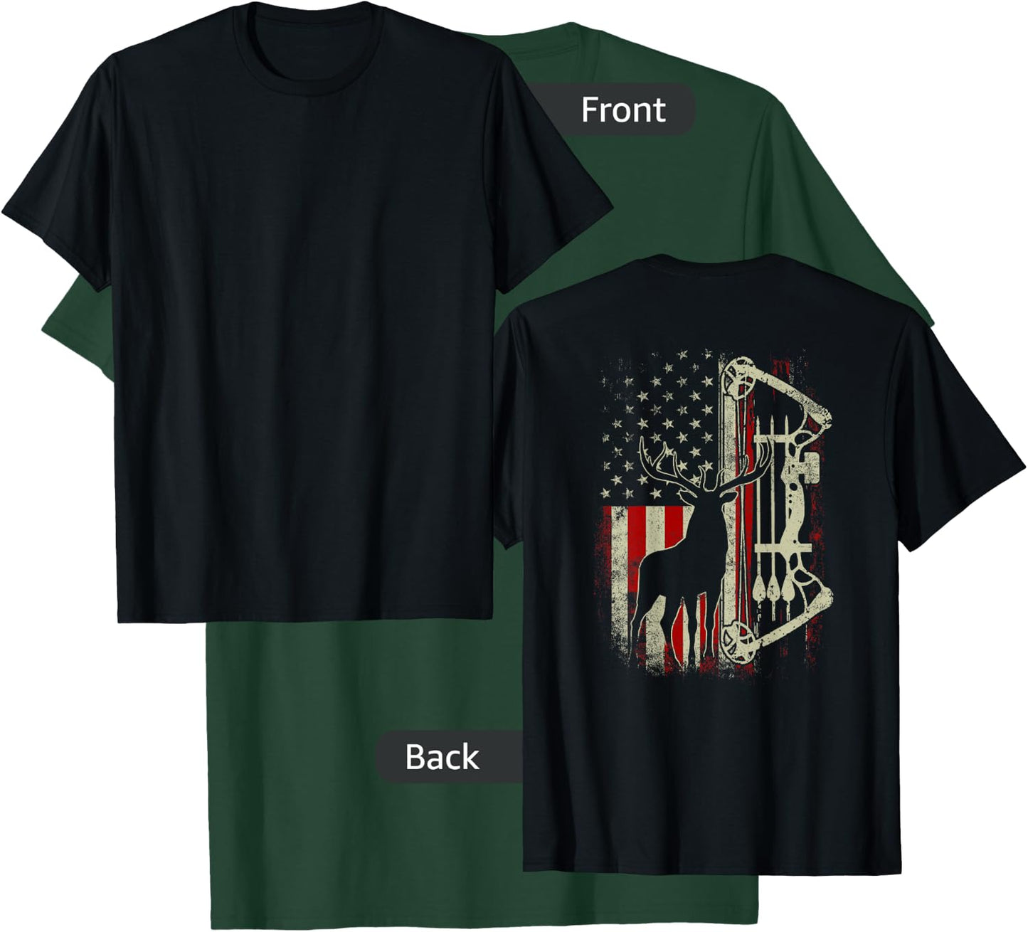 Buck Deer Hunting American Flag Funny Hunter (on back) T-Shirt - T-Shirt | Forest