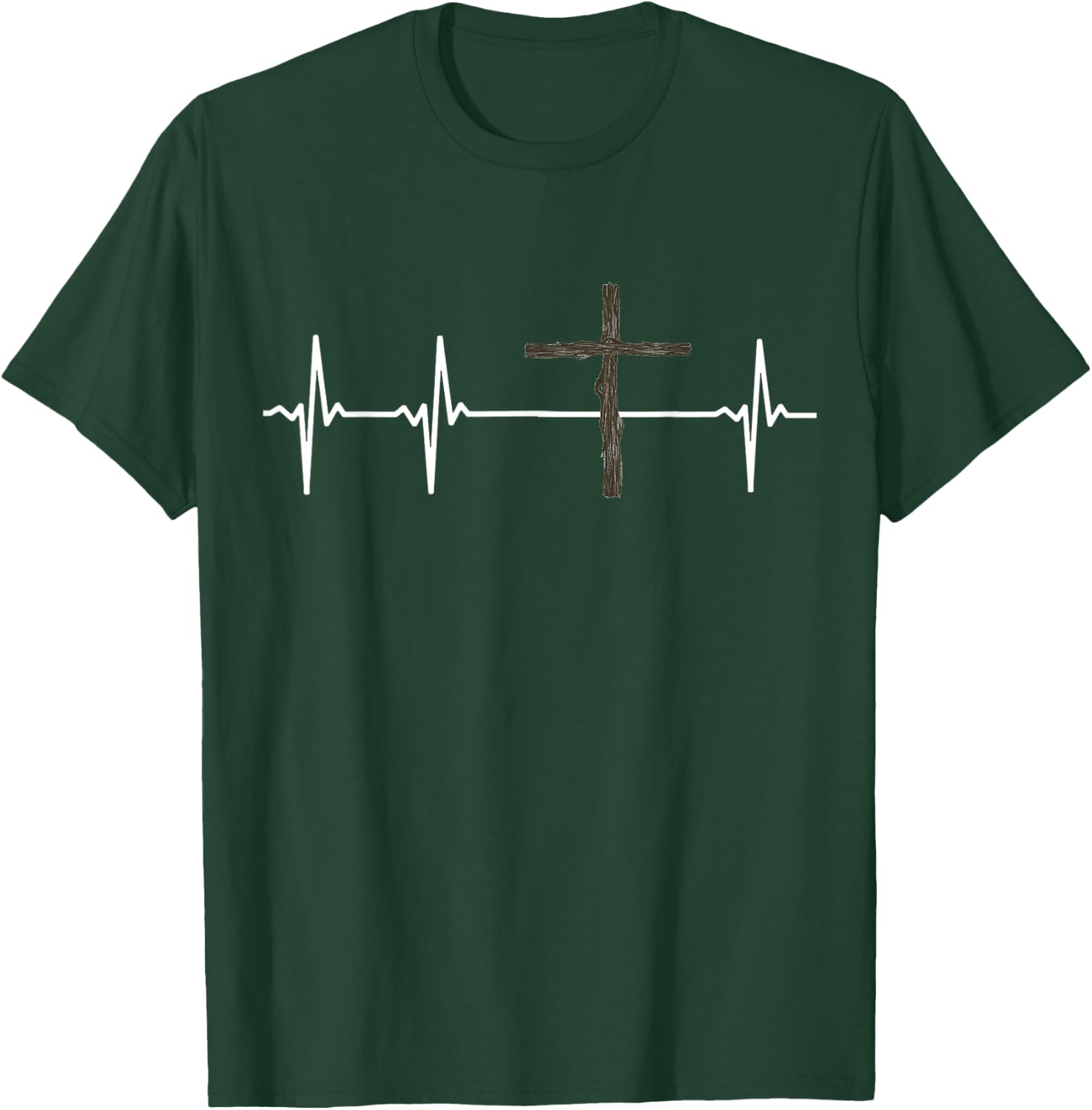 Cross with EKG Heart Rate Display Faith Christian T-Shirt - T-Shirt | Forest