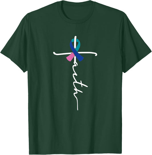 Faith Christian Cross Ribbon Thyroid Cancer Awareness T-Shirt - T-Shirt | Forest