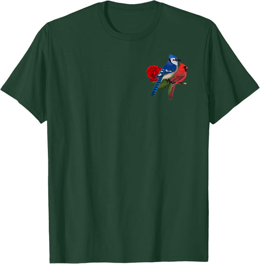 Blue Jay Cardinal Bird Valentine's Day Rose Birdlover T-Shirt - T-Shirt | Forest