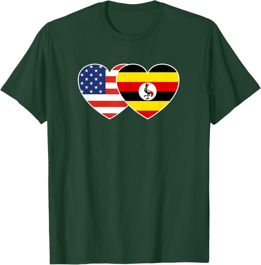 Uganda USA Flag Twin Heart T Shirt for Ugandan Americans T-Shirt - T-Shirt | Forest