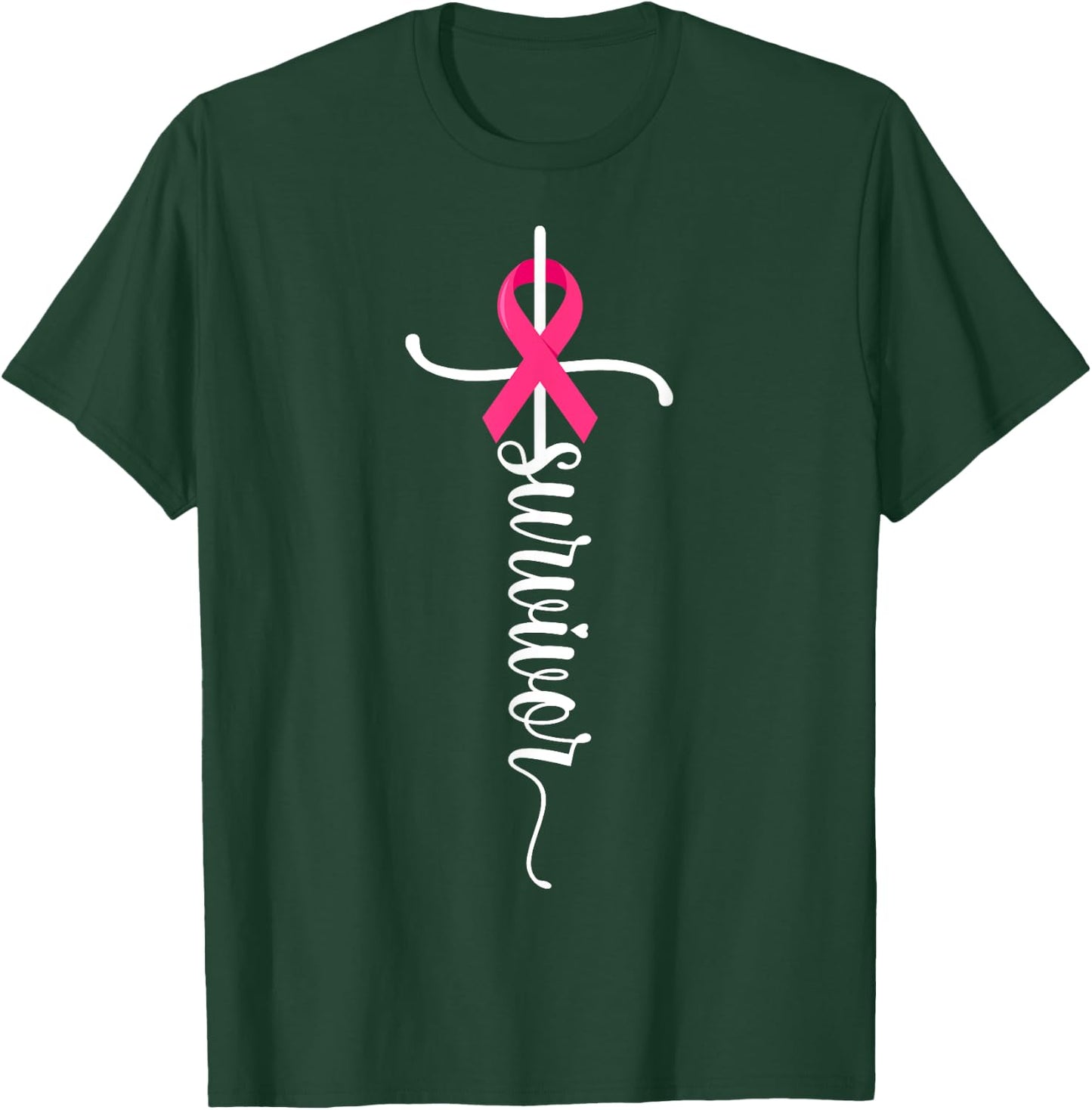 Survivor Christian Cross Warrior Pink Ribbon Breast Cancer T-Shirt - T-Shirt | Forest