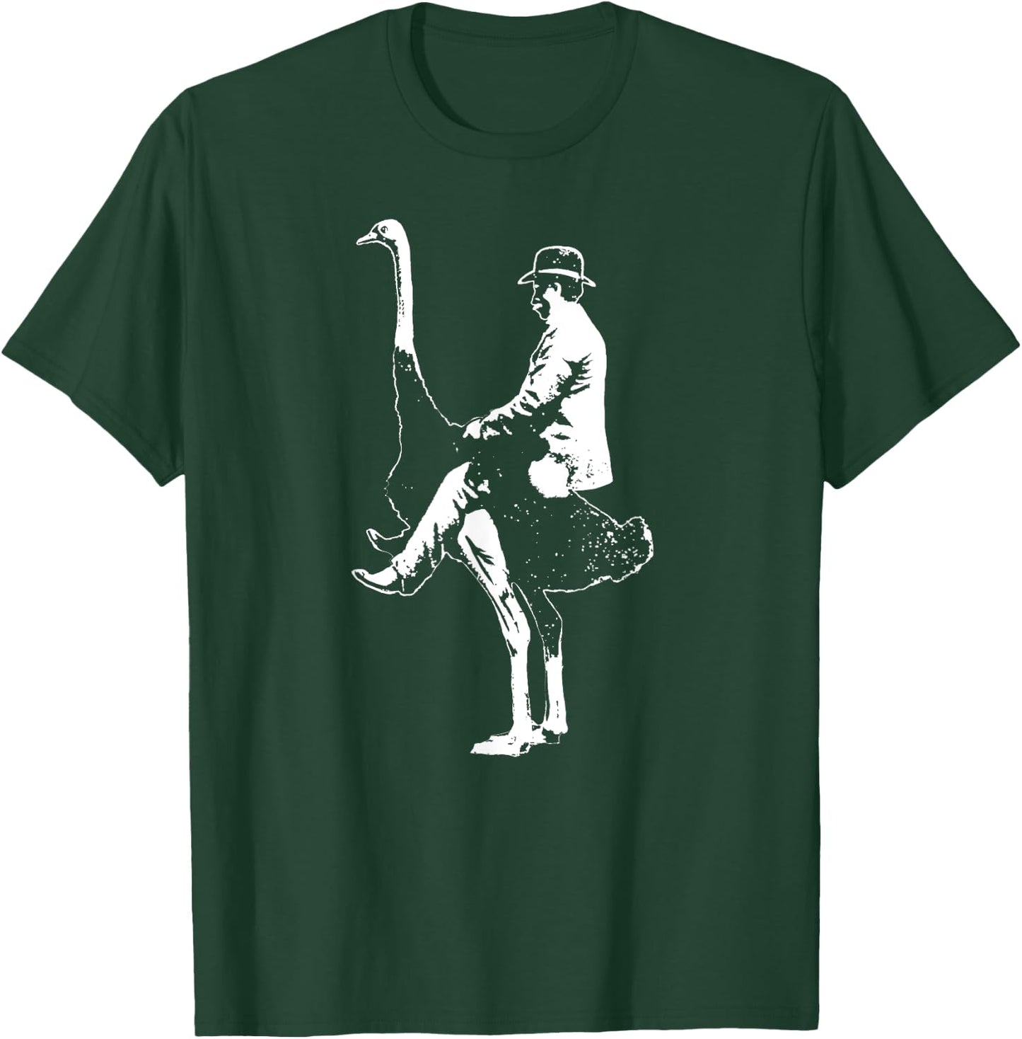 Man Riding Ostrich Funny Random Ironic Music Festival Retro T-Shirt - T-Shirt | Forest