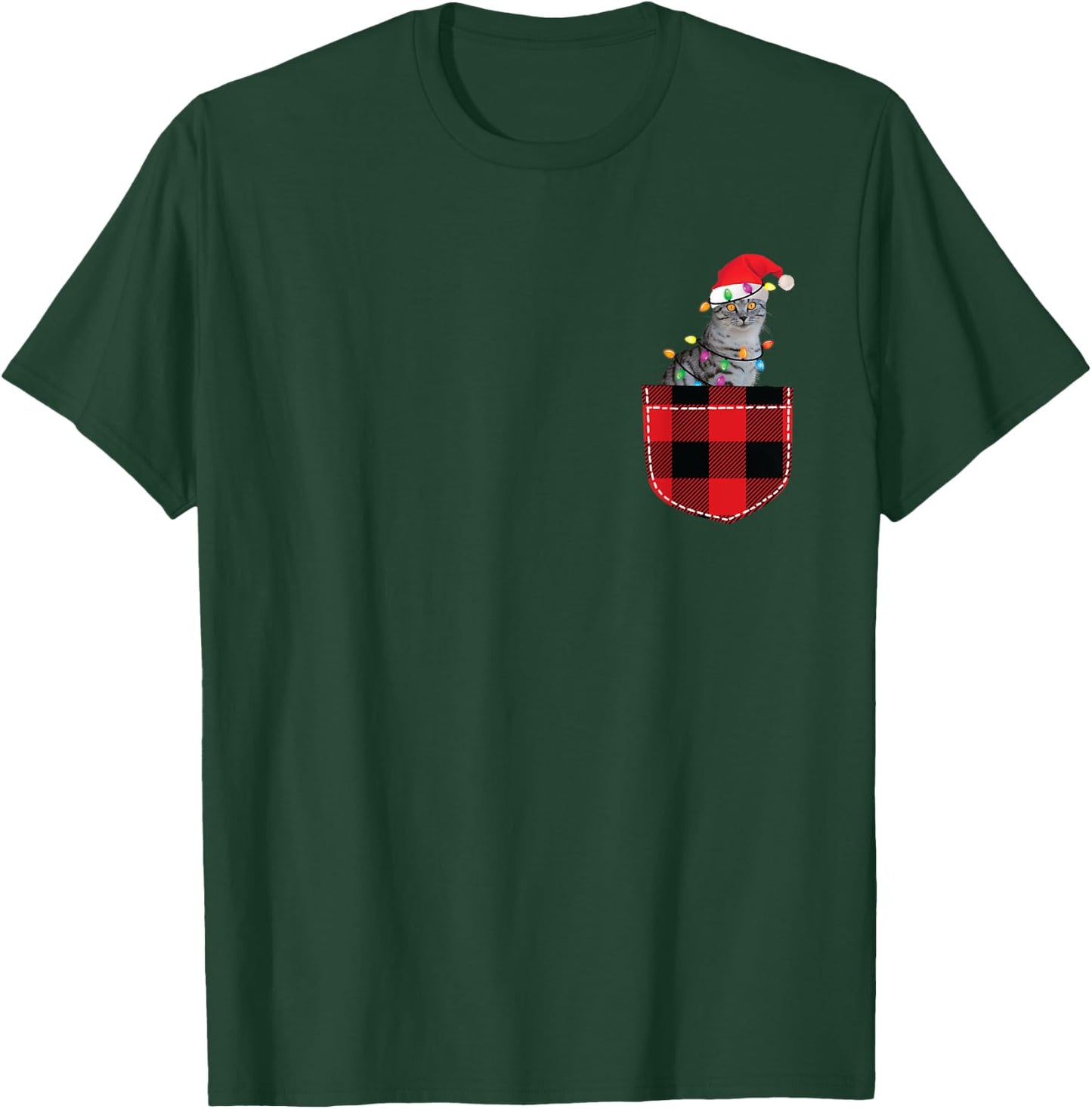 Cat in Pocket Shirt Women Men Funny Cat Christmas Plaid T-Shirt - T-Shirt | Forest