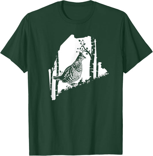 Hunting Partridge Grouse- Maine map Bird Hunter T-Shirt - T-Shirt | Forest