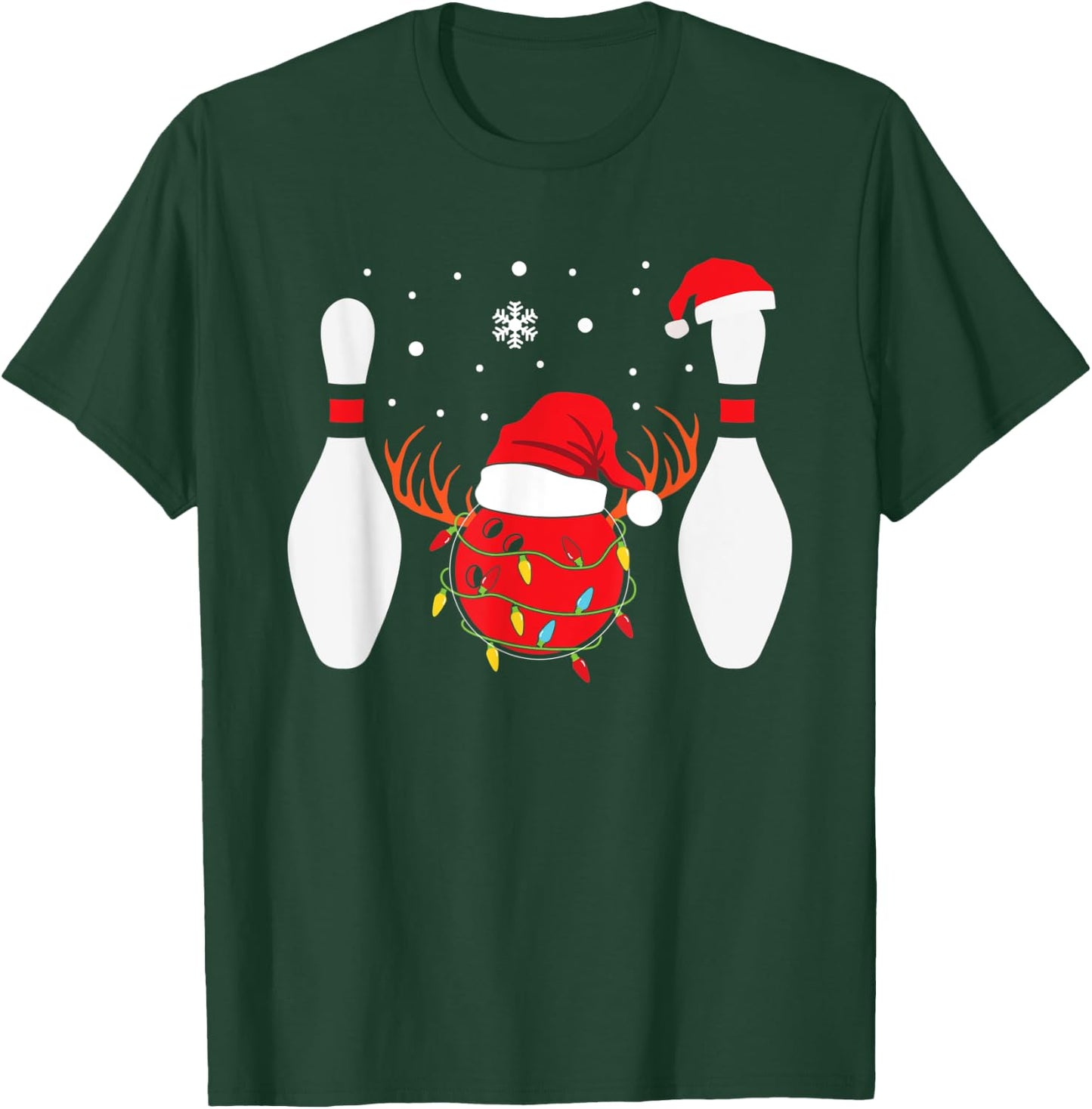 Christmas Bowling Ball Bowling Pins Santa Hat Reindeer T-Shirt - T-Shirt | Forest