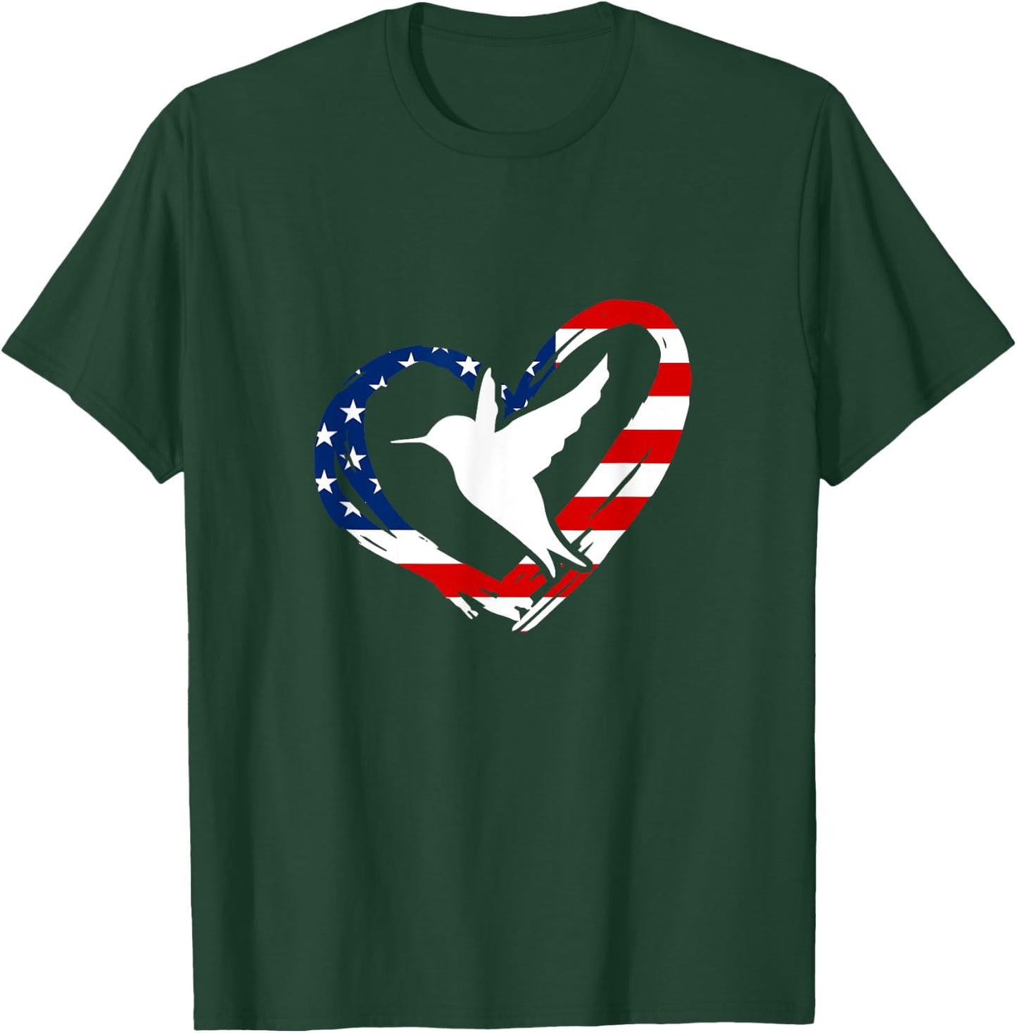 Hummingbird American Flag Heart USA 4th Of July T-Shirt - T-Shirt | Forest
