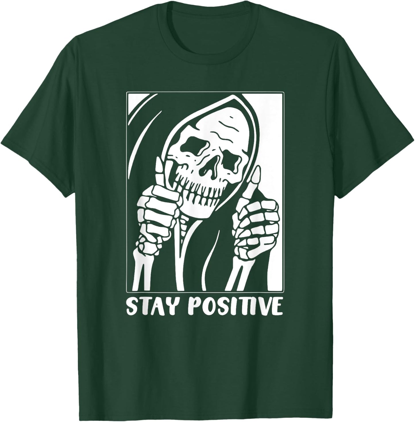 Death Stay Positive Skeleton Thumbs Up. White Graphic T-Shirt - T-Shirt | Forest